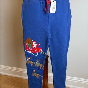 NWT Mini Boden Size 8 Embroidered Blue Joggers with Santa and Reindeer Design